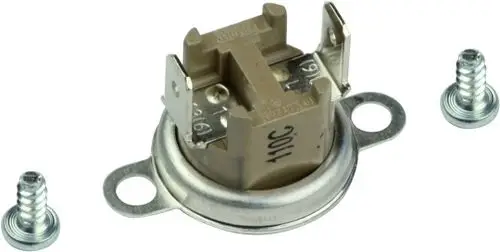 Temperaturbegrenzer von Bosch mit metallischem Gehäuse und Anschlussklemmen, inklusive zwei Schrauben für die Befestigung.